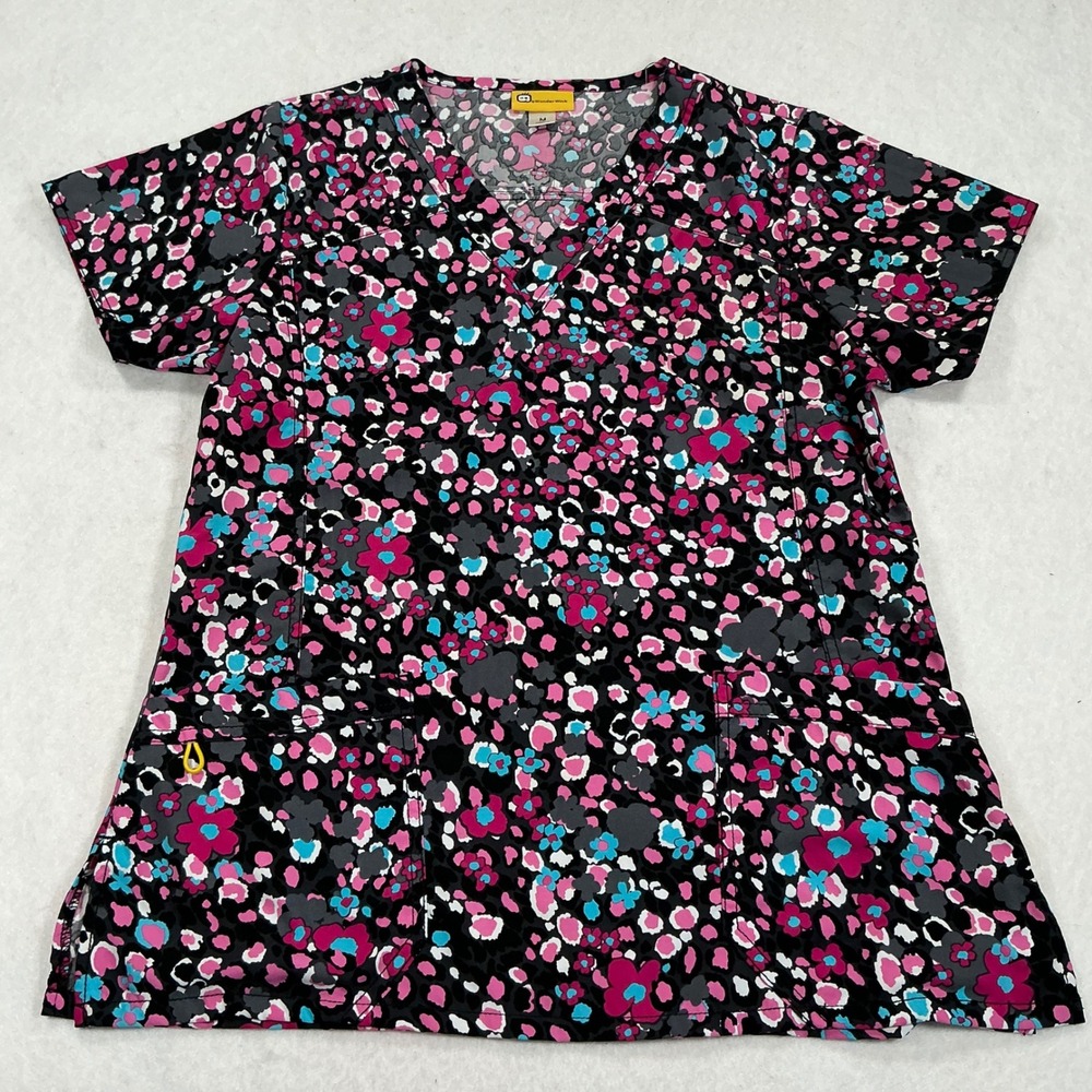 WonderWink Womens Floral Leopard Print V-Neck Scrub Top Black Pink Blue 6217 M